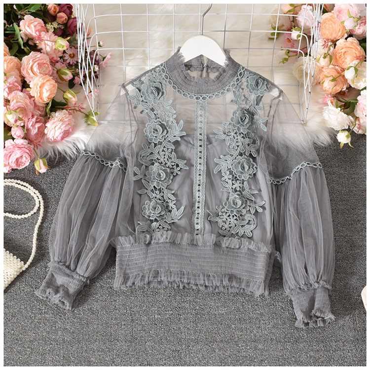 New Lace Stitching Mesh Two-Piece Short Waist Sleeve Lantern Sleeve Lace Shirt Top Suit
