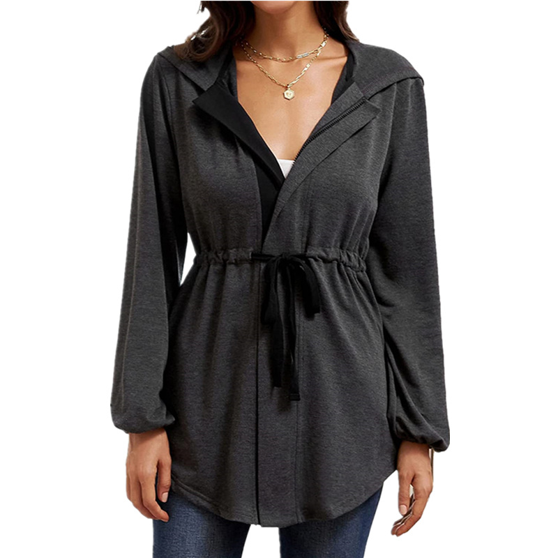 Title 6, Zip-waisted Lantern Sleeve Loose Hooded Cardigan