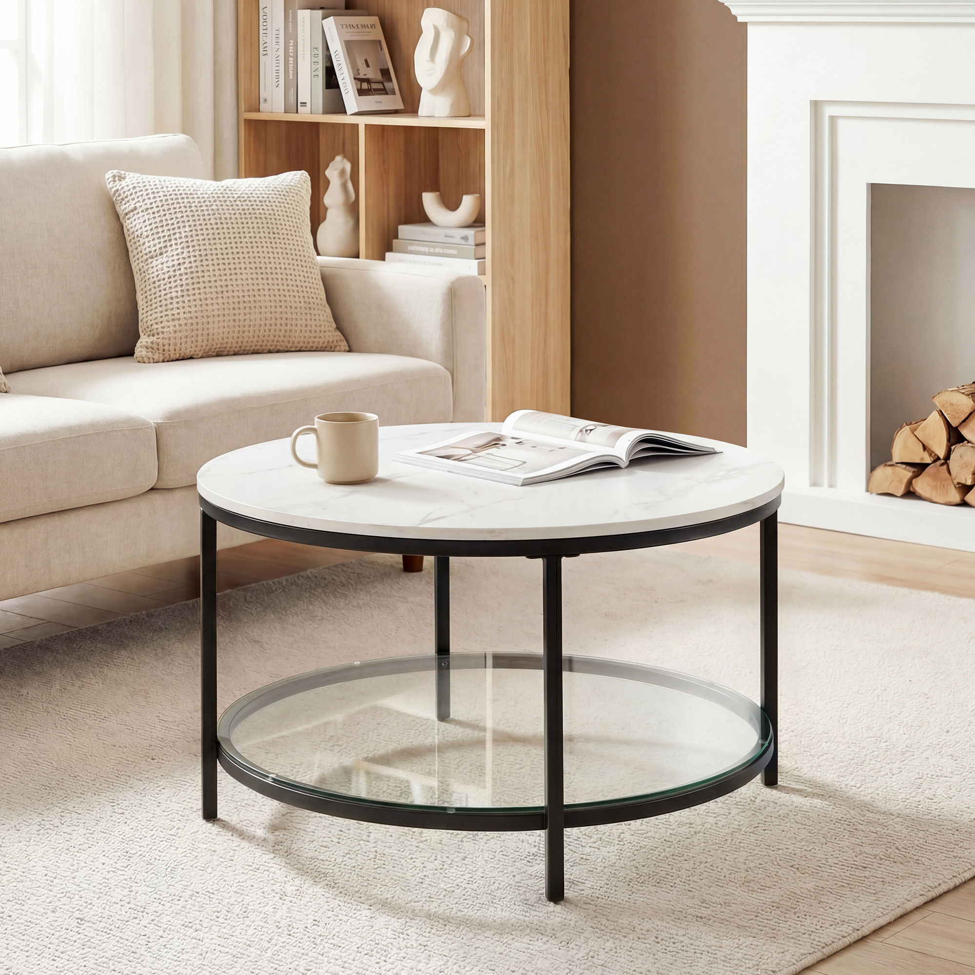 The Living Room Features A Marble Circular Glass Coffee Table, And A Double-layer Circular Transparent Coffee Table With Storage Function.