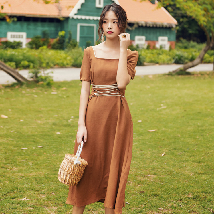Women's Square Neck Belt Over Knee Resort Beach Dress