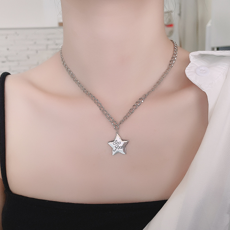 Sterling Silver European And American Style Thick Chain Letter Five-pointed Star Necklace