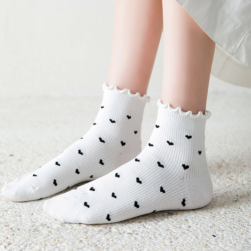 Coquette Heart Print Ruffle Cuff Crew Socks, Cute Ribbed Knit Mid-Calf Socks, Women's Sweet Casual Socks For Daily Wear & Preppy Style