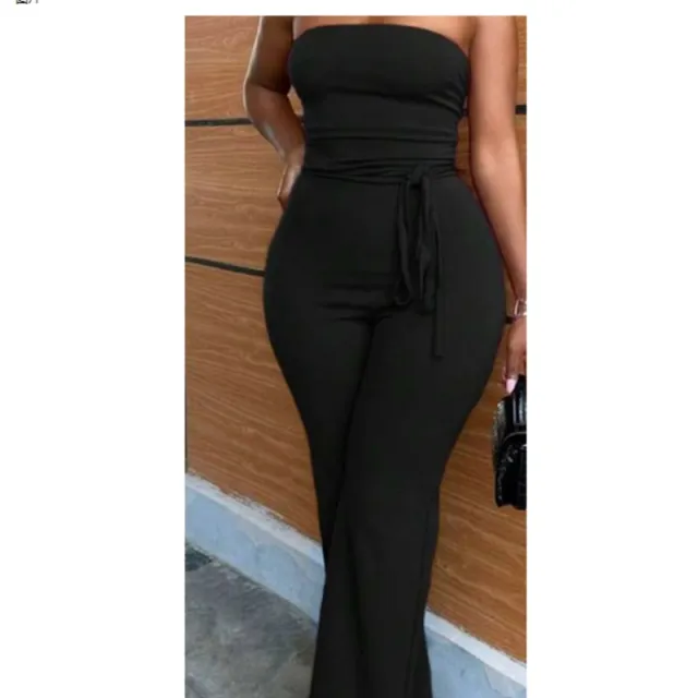 Casual Solid Wine Red Strapless Jumpsuit With Wide Leg For Women E Black - Shop at LoveMi