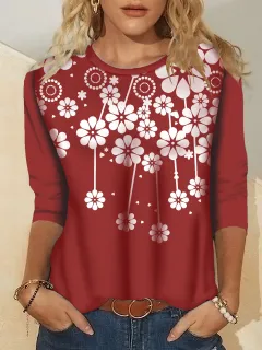 Women's Fashion Printed Crew Neck Long Sleeve T-Shirt - Wine - View 1