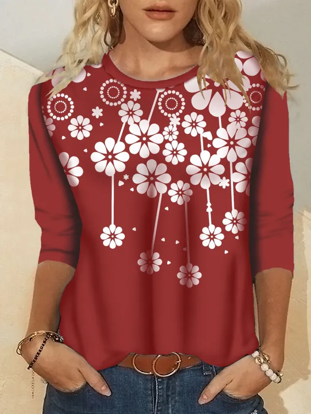 Women's Fashion Printed Crew Neck Long Sleeve T Shirt Wine - Shop at LoveMi