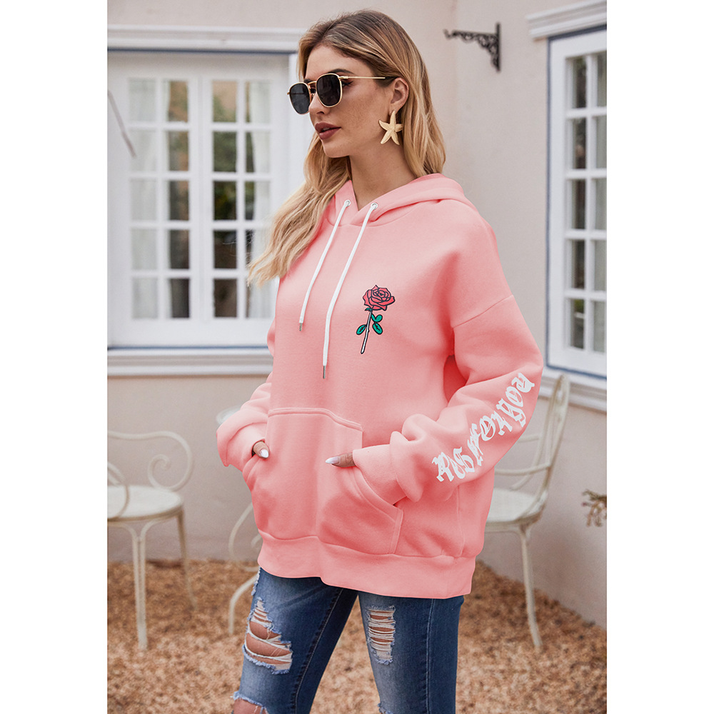 Title 5, Casual Hooded Hoodie With Rose Print Pullover