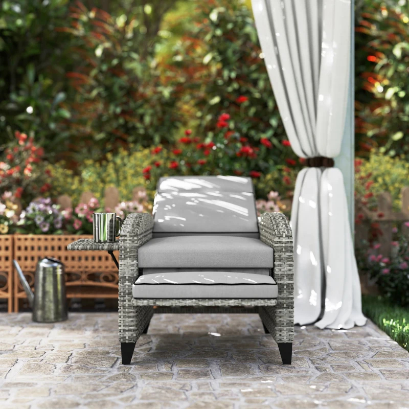 Outdoor Recliner Chair With Cushions, Reclining Patio Lounge Chair With Adjustable Footrest, Armrests, Tray Table, Gray