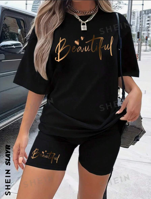 Women's Round Neck Short Sleeve Letter Printed Top And Shorts Set Black - Shop at LoveMi