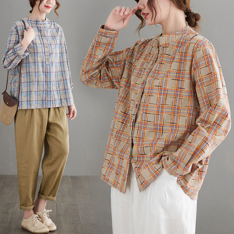 Cotton Linen Long Sleeve Plaid Shirt Blouse Top