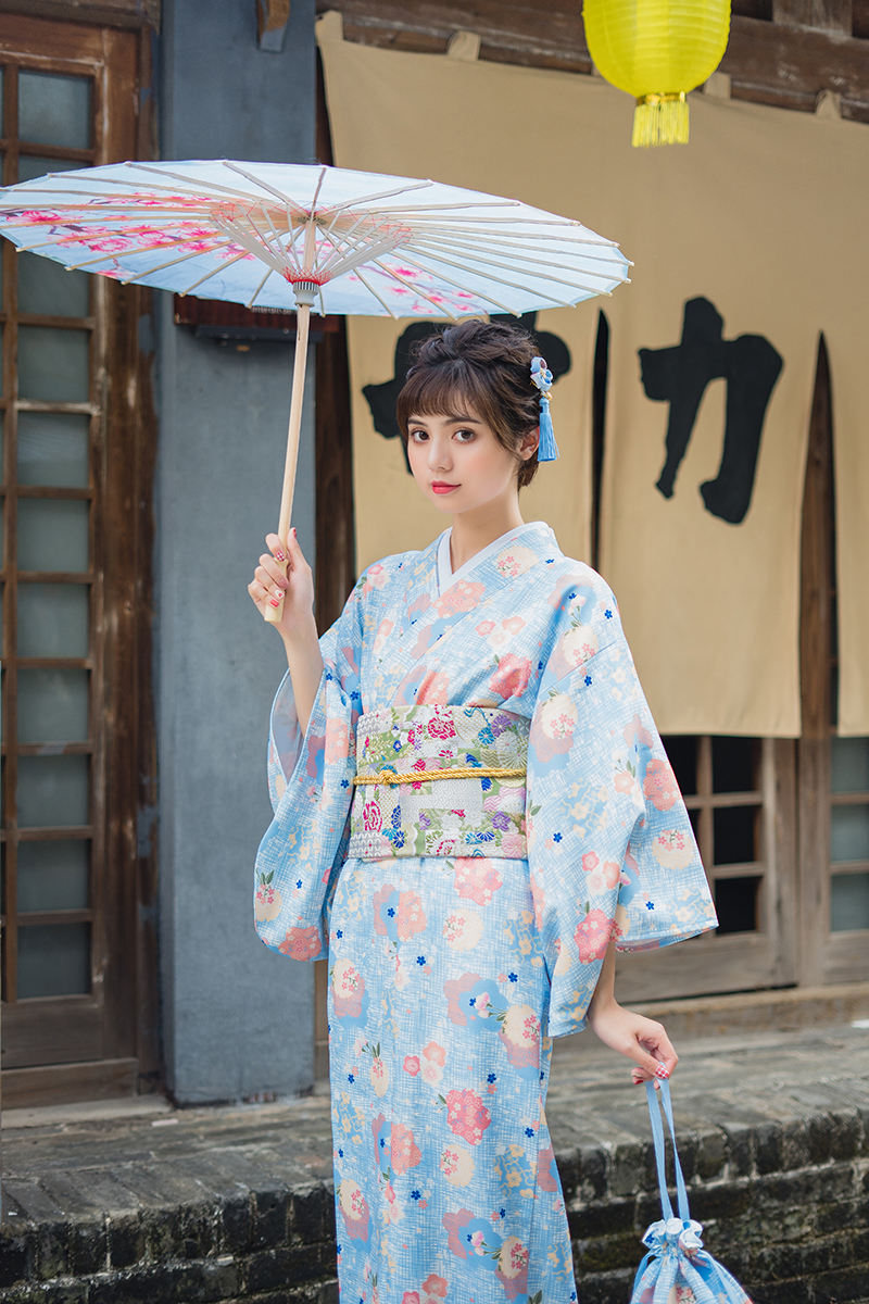 Light Blue Flower Cute Girl Kimono Yukata Gentle