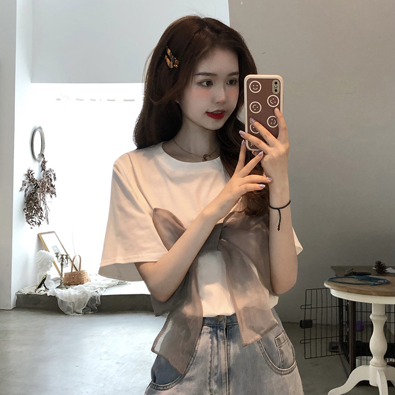 Ladies' New Western Style Age-reducing Bow Short-sleeved T-shirt Top