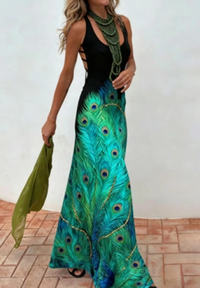 Casual Tie-dye Spaghetti Strap Fitted Long Dress