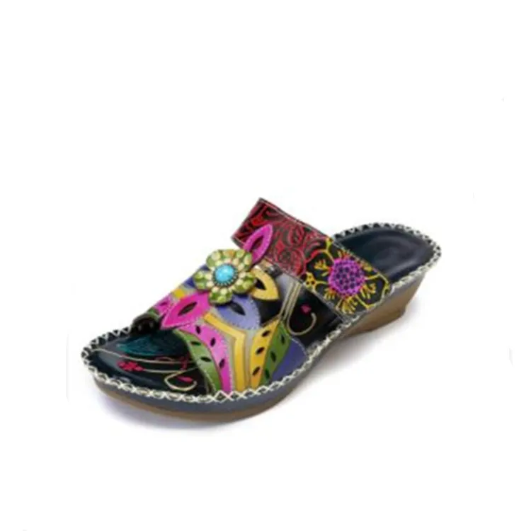 Women's Ethnic Sandals With Colour Block Wedges - Black