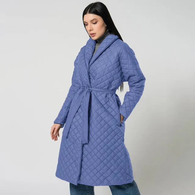Women's Diamond Plaid Fitted Waist Cotton padded Coat Dark Blue - Shop at LoveMi