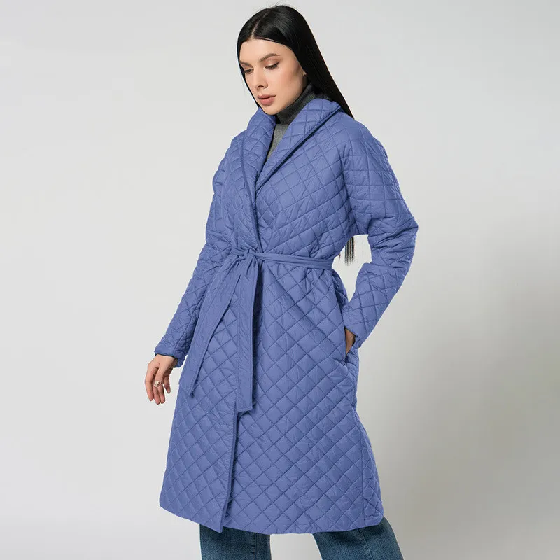 Women's Diamond Plaid Fitted Waist Cotton-padded Coat - Dark Blue
