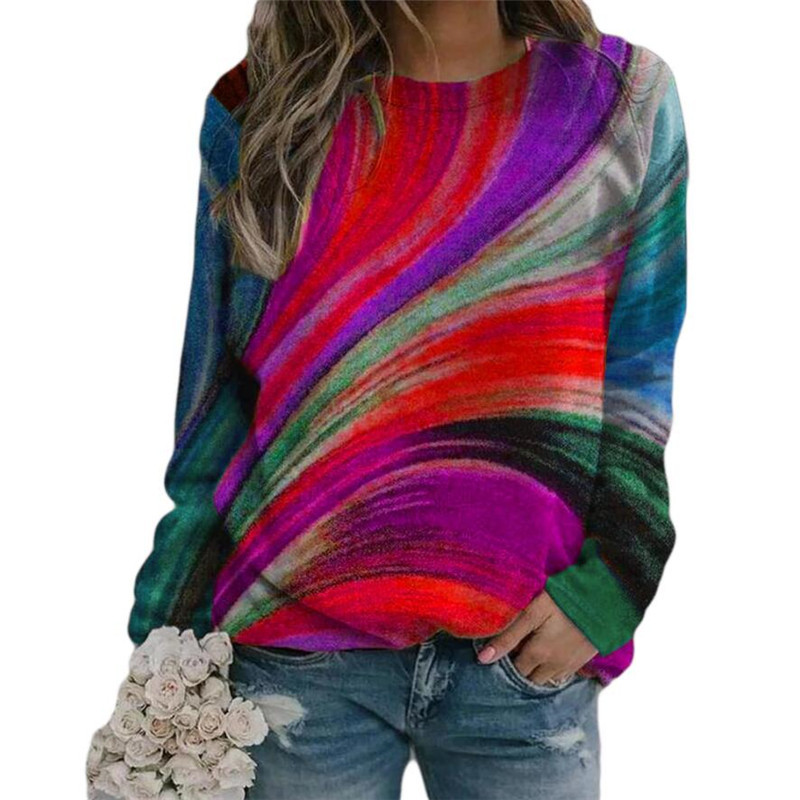 Title 2, Loose Color Print Pullover Round Neck Long Slee...