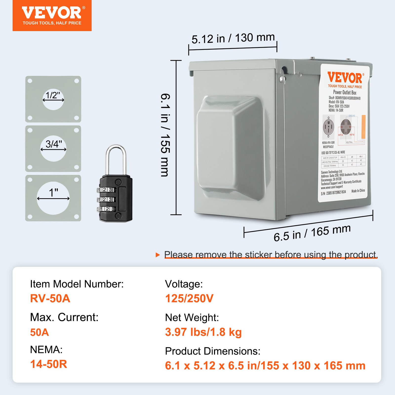 VEVOR 50 Amp RV Power Outlet Box, 125 250 Volt, Enclosed Lockable Outdoor RV Receptacle Box, NEMA 14-50R Weatherproof Electrical Panel, For RV Camper Trailer Motorhome Tested To UL Standards image 4