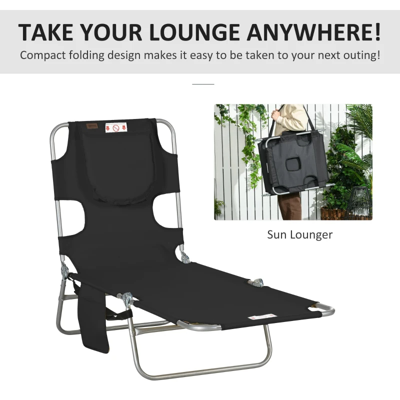 Folding Outdoor Chaise Lounge Sun Tanning Chair With Face Cavity, Pillow, 5-level Adjustable For Beach, Pool, Black