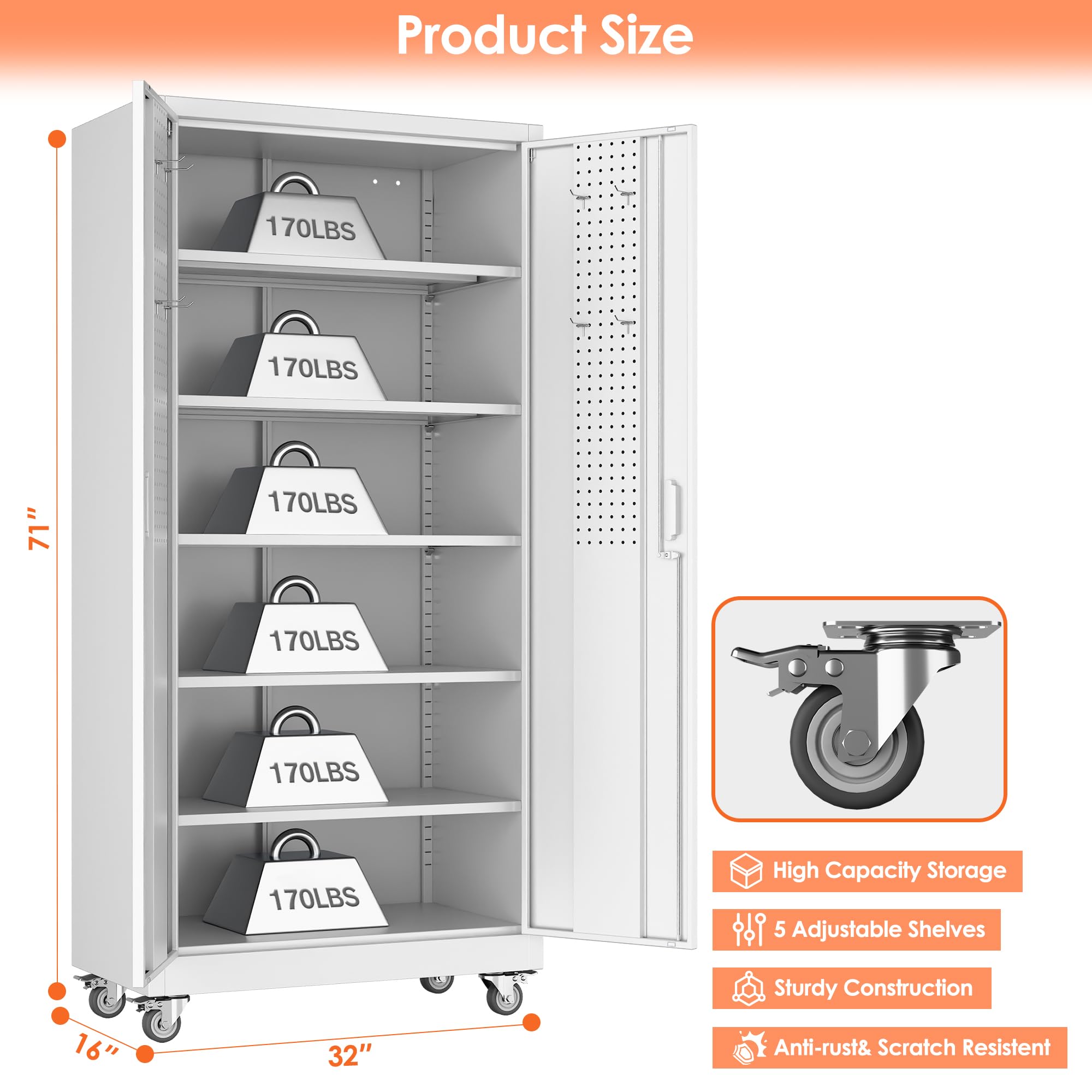 Aobabo Metal Storage Cabinet With Wheels, Steel Locking Cabinet With Pegboard Doors, Garage Cabinet For Office Pantry, 5 Adjustable Shelves White — foto 8
