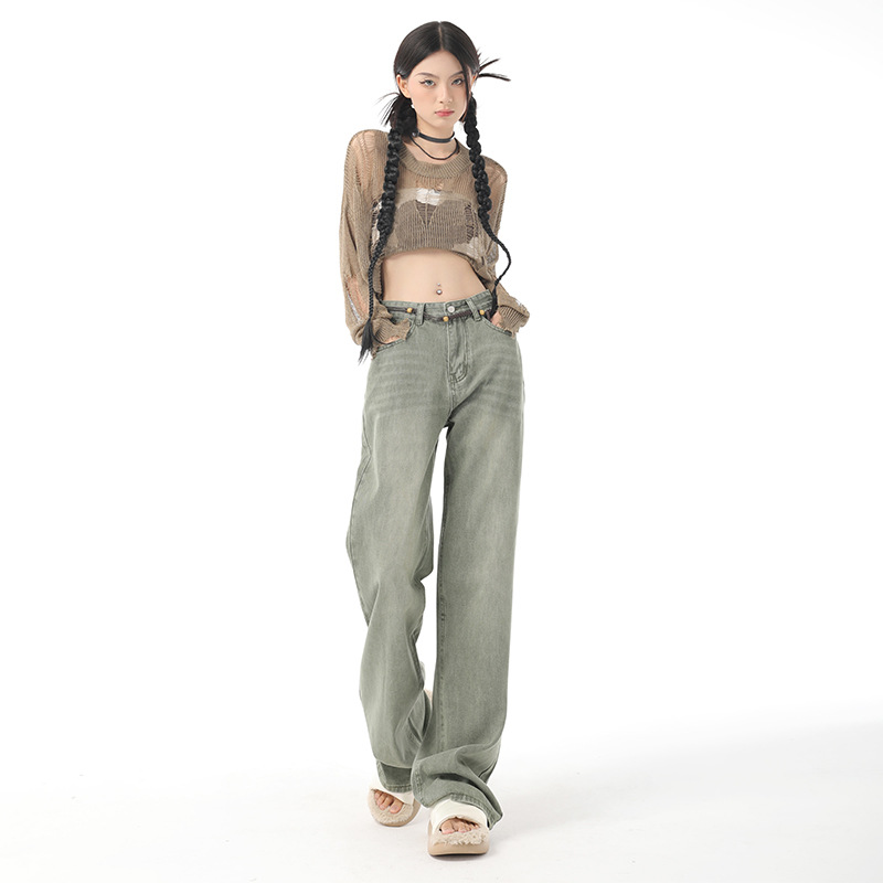 New Niche Washed Retro Green Wide Leg Jeans