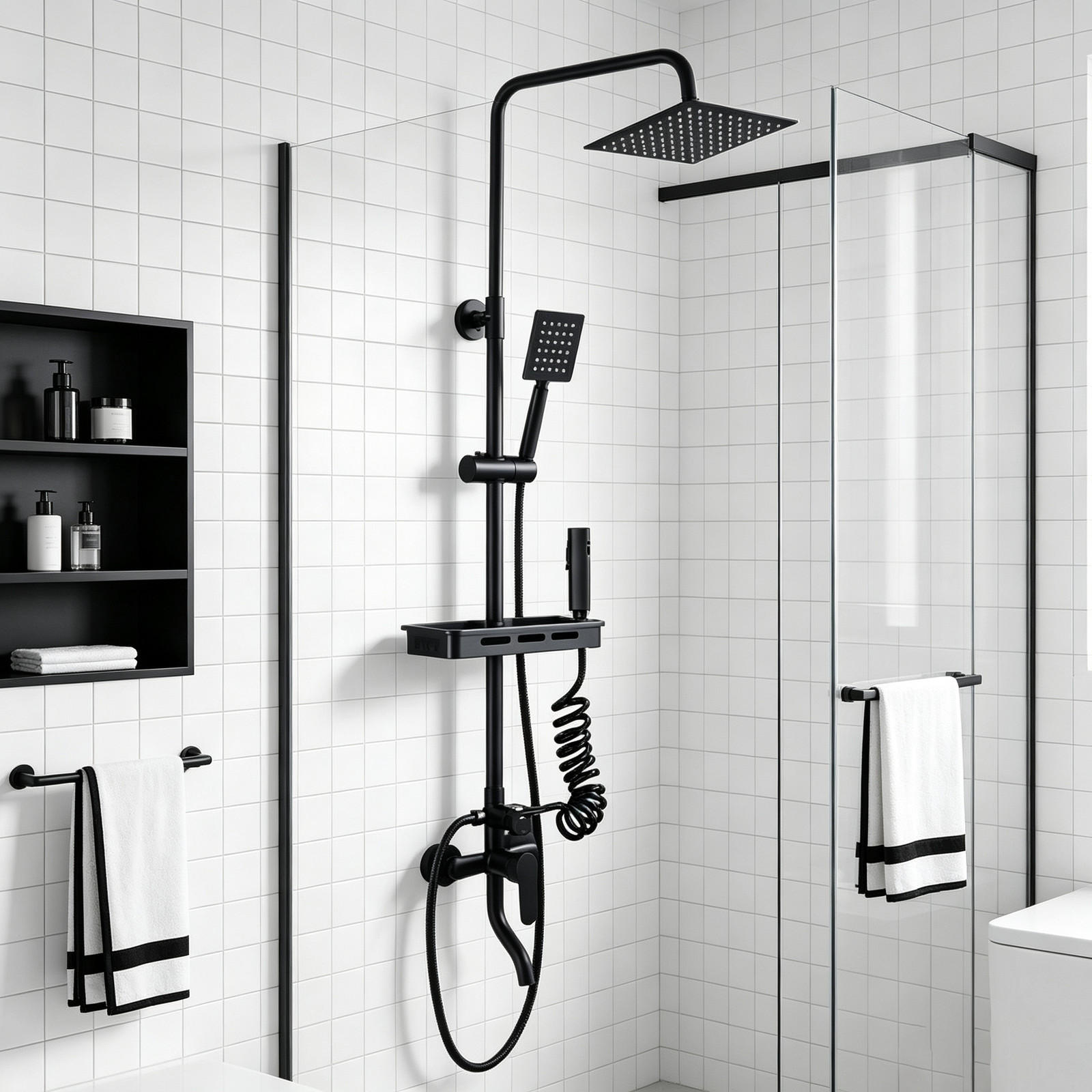 4-Way Diverter Black Bathroom Shower Mixer Twin Head Large Square Bar Set — image 2
