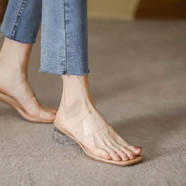 Flat Mid heel Chunky Crystal High Heels Nude - Shop at LoveMi