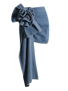 Women's Retro Blue Rose Flower Denim Skirt - Retro Blue - View 1