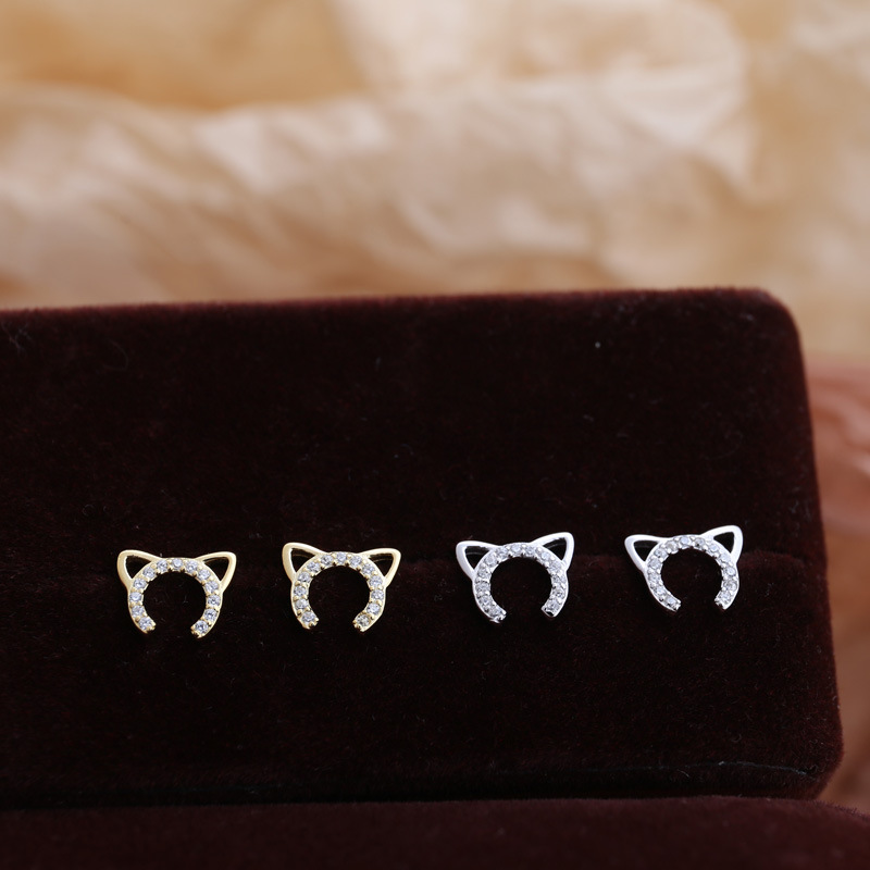 925 Sterling Silver Diamond Cute Cat Stud Earrings For Women