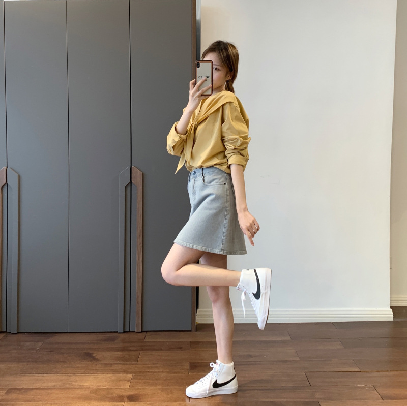 Beautiful Light Ash Na Rice Bubble Technology Guest Denim Korean H Skirt Skirt