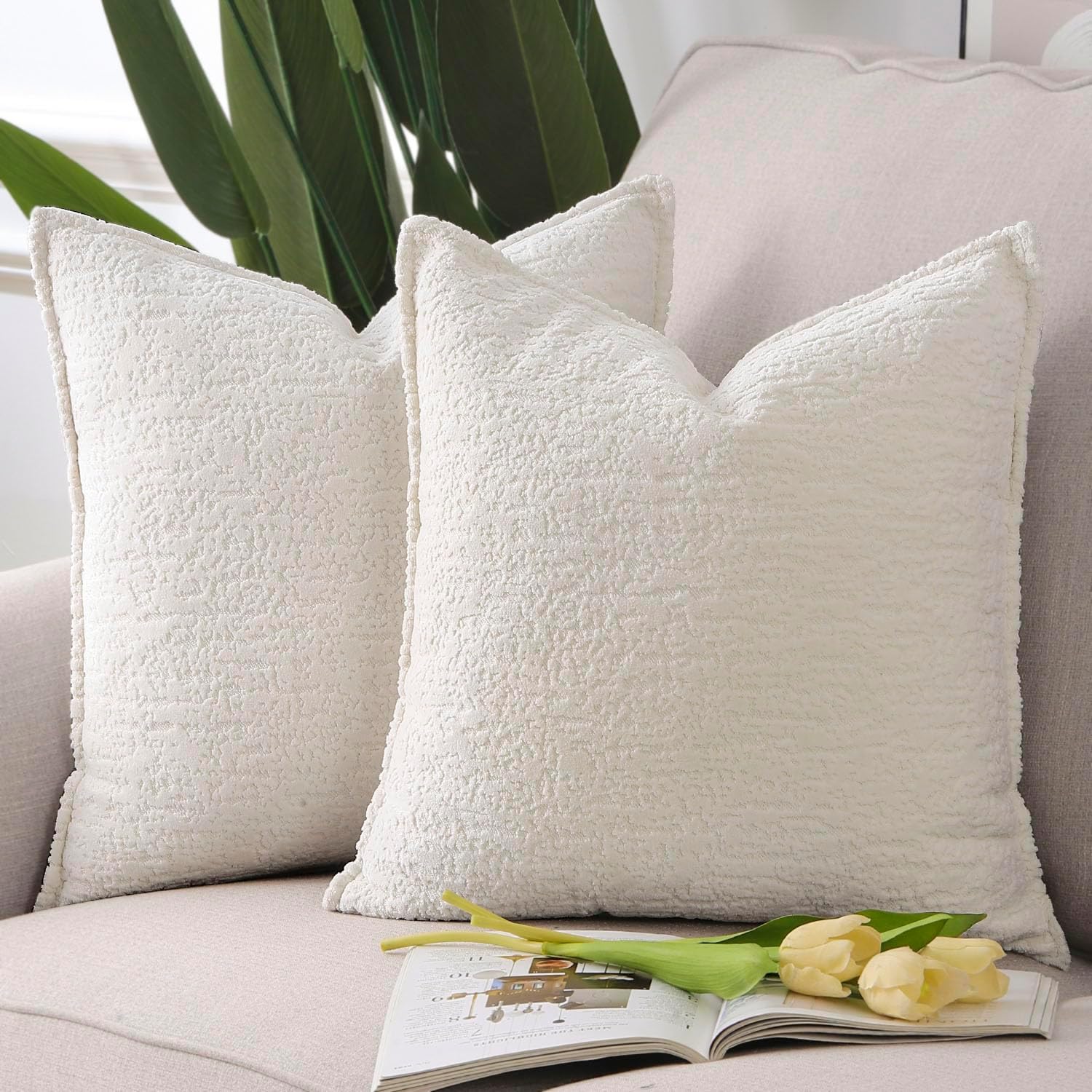 White Chenille Velvet Throw Pillow Covers 2 Units, 18x18 Inch Soft Decorative Cushion Covers For Couch Sofa Home Decor