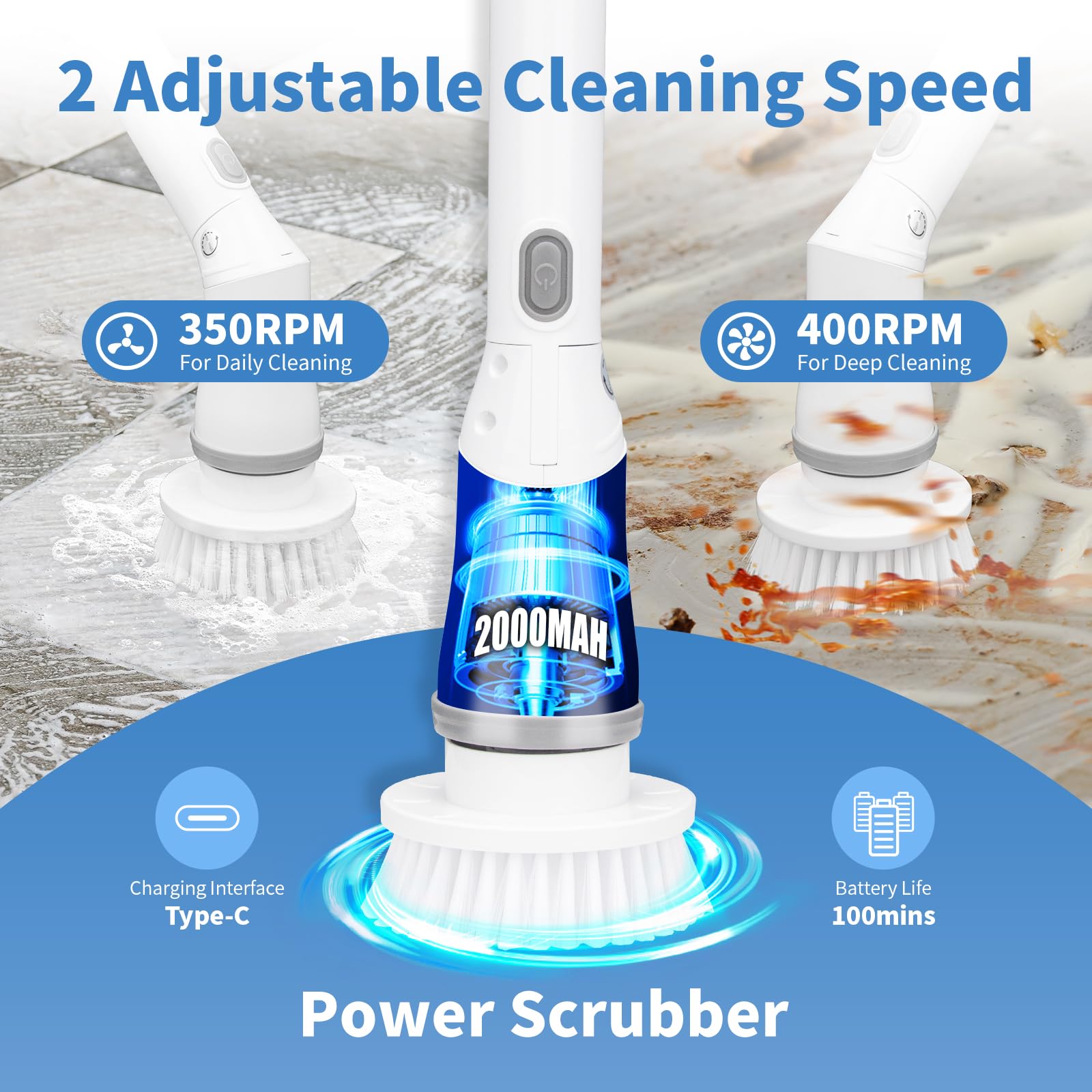 Electric Spin Scrubber with 5 Replacement Heads. BUQ spin scrubber provides 350r/min(daily cleaning) and 400r/min(deep cleaning); easy speed adjustment with a single button press. IPX6 waterproof rating ensures the electric cleaning brush can be rinsed di