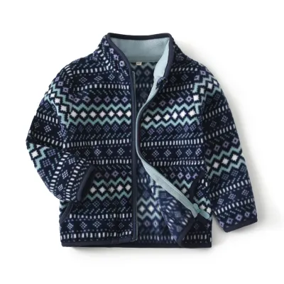 Baby Polar Fleece Jacket Navy Blue Striped Thin Long Sleeve Stand Collar Top