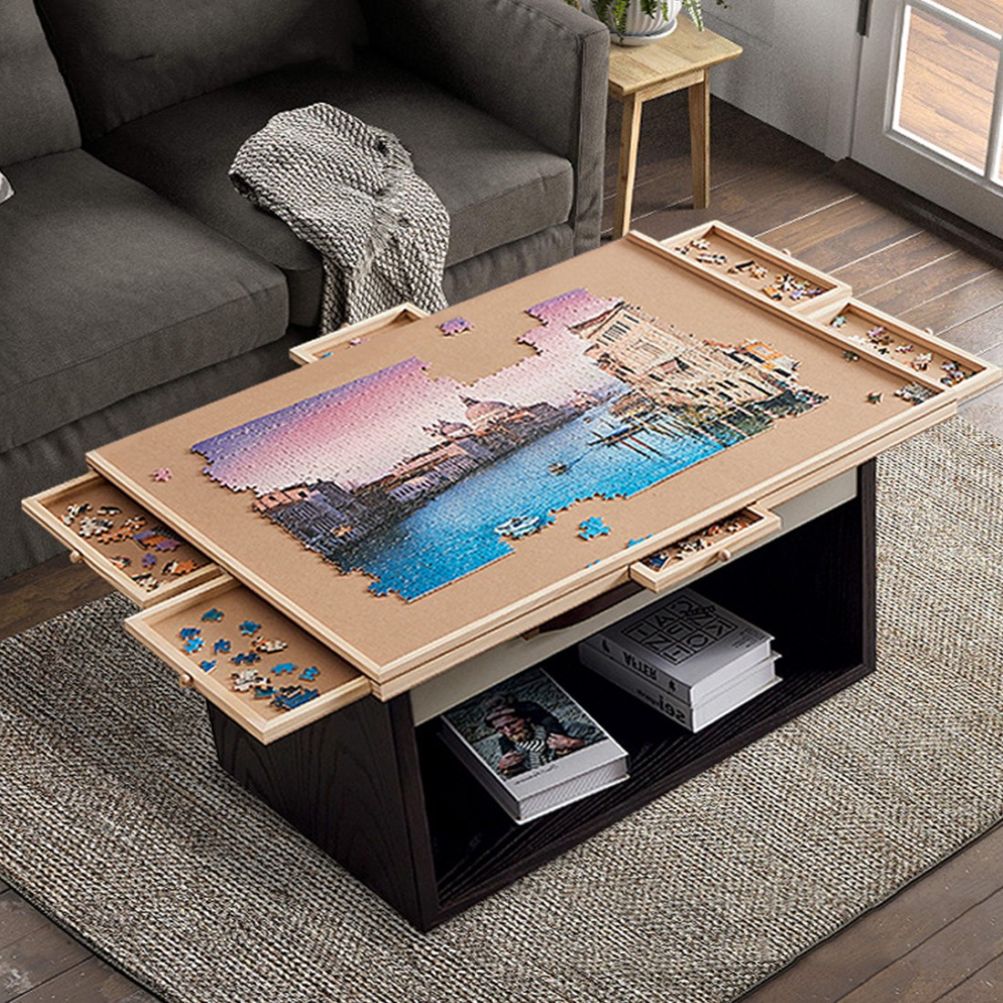 Wooden Jigsaw Puzzle Board Puzzle Storage Table W 6 Slid
