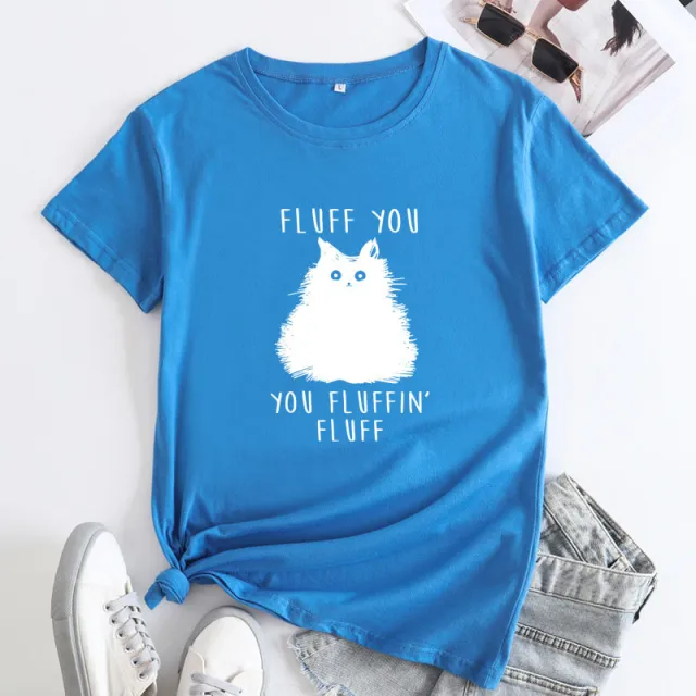 Large Size Cat Letter Printed Cotton Round Neck Short Sleeve T shirt For Women Blue - Shop at LoveMi