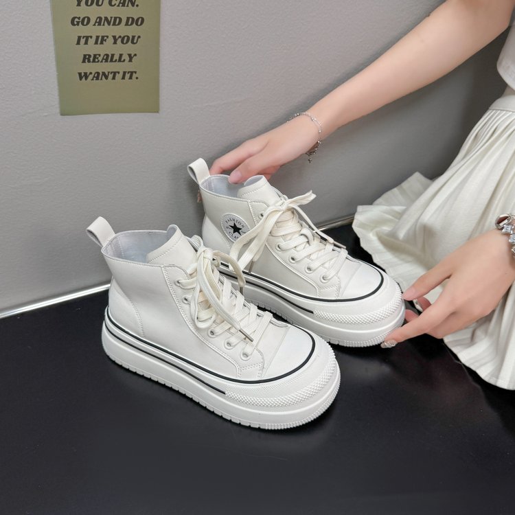 Women's New Spring Canvas Shoes, High Top Platform White Sneakers, Height Increasing Versatile Casual Skate Shoes For Students
