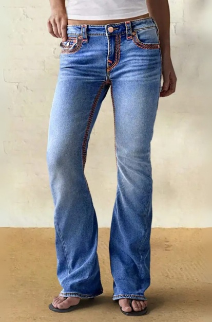 Western Jeans Femmes Poche Brodée Jambes Droites Bleu Denim Pantalon Vintage US Ready Stock