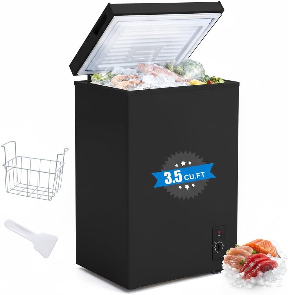 3.5 Cu.Ft Small Chest Freezer Compact Deep Freezer With 7-Level Temperature Control, Rapid Cooling, Energy Efficient & Quiet For Home, Garage, Apartment, And Kitchen, Black