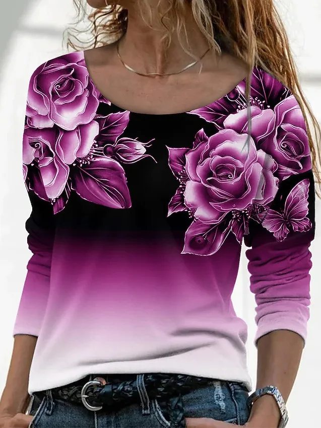New Long Sleeve Loose Round Neck Casual Pullover 3D Printing T Shirt Women Rose - Shop at LoveMi