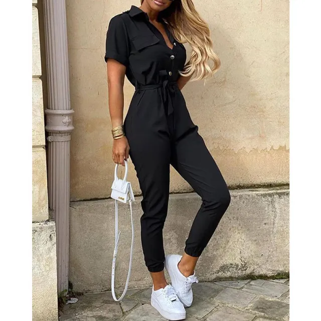 Casual Lapel Button Print Belt Cargo Jumpsuit Black - Shop at LoveMi