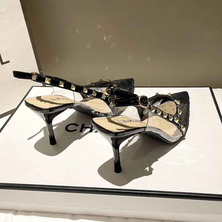 Women's Polka Dot Mesh Studded Pointed Toe Slingback Stiletto Sandals