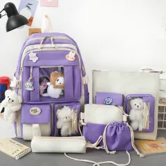 Large-capacity Sturdy Girl's Heart Durable Backpack Five-piece Set - Purple - View 1