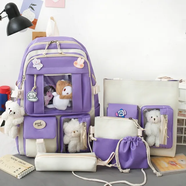 Large capacity Sturdy Girl's Heart Durable Backpack Five piece Set Purple - Shop at LoveMi