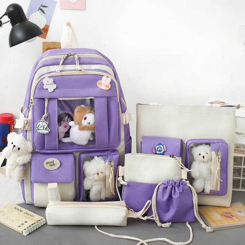 Large-capacity Sturdy Girl's Heart Durable Backpack Five-piece Set - Purple