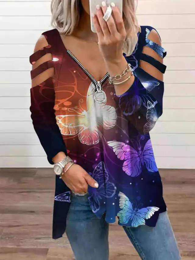 Zip Pullover Printed Long Sleeve Loose TShirt Womens Top Orange - Shop at LoveMi