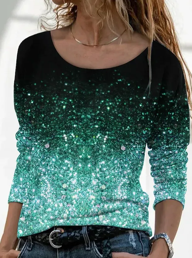 New Long Sleeve Loose Round Neck Casual Pullover 3D Printing T Shirt Women Broken Flower Green - Shop at LoveMi