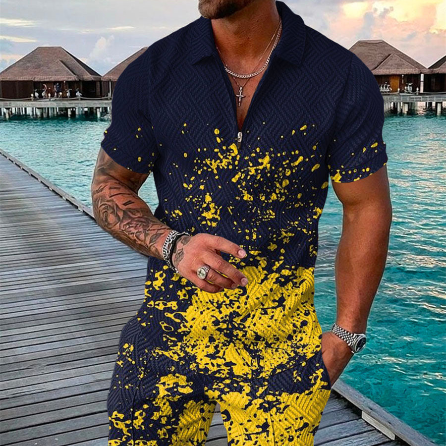Men's Summer Fashion 3D Printed Short Sleeve Geometric Zip Lapel Shirt Set