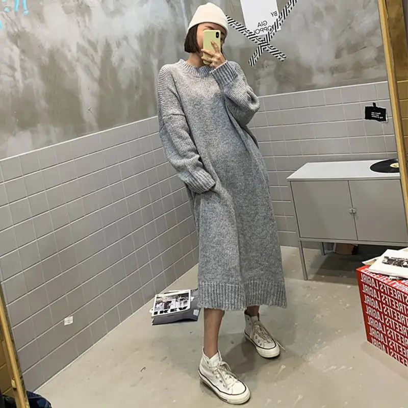 Home Knit Sweater Long Skirt Loose And Lazy Knee-length Bottoming Dress