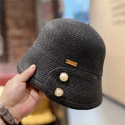 Version Straw Women's Sunscreen Pearl Decoration Fisherman Hat - Black