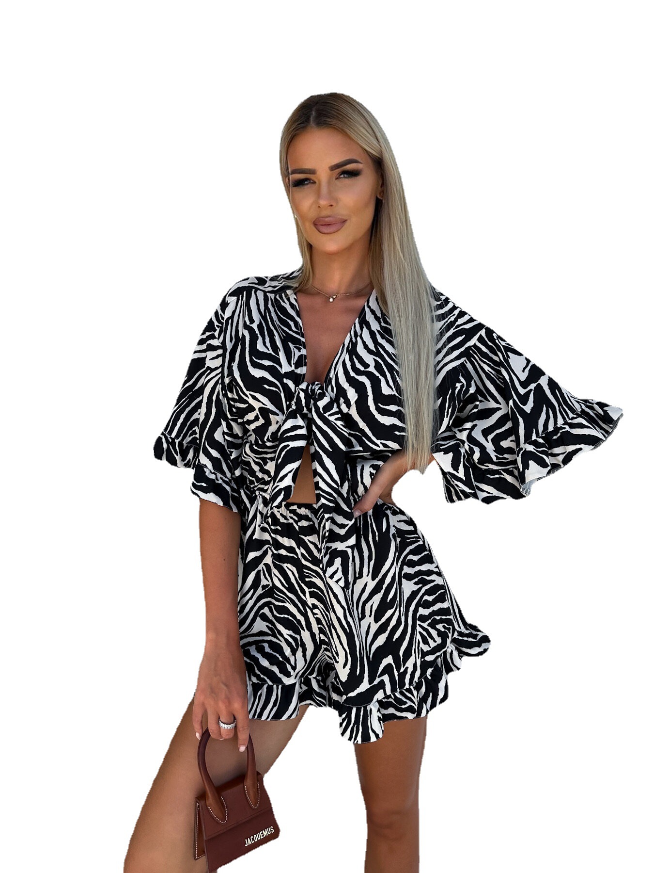 Title 5, Printed Ruffle Sleeve Drop-shoulder Sleeve V-ne...