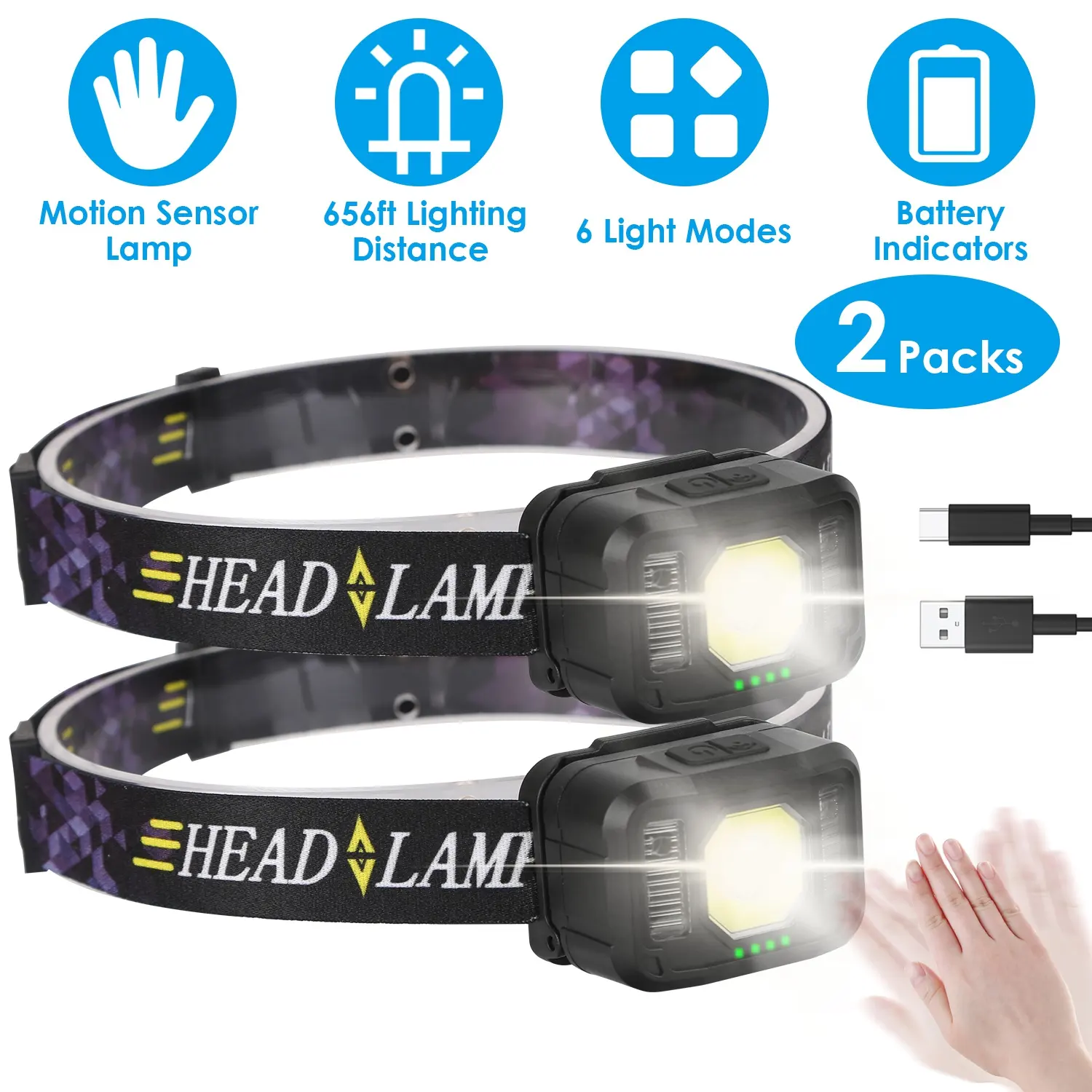 2Packs Rechargeable Motion Sensor Headlamp 6 Light